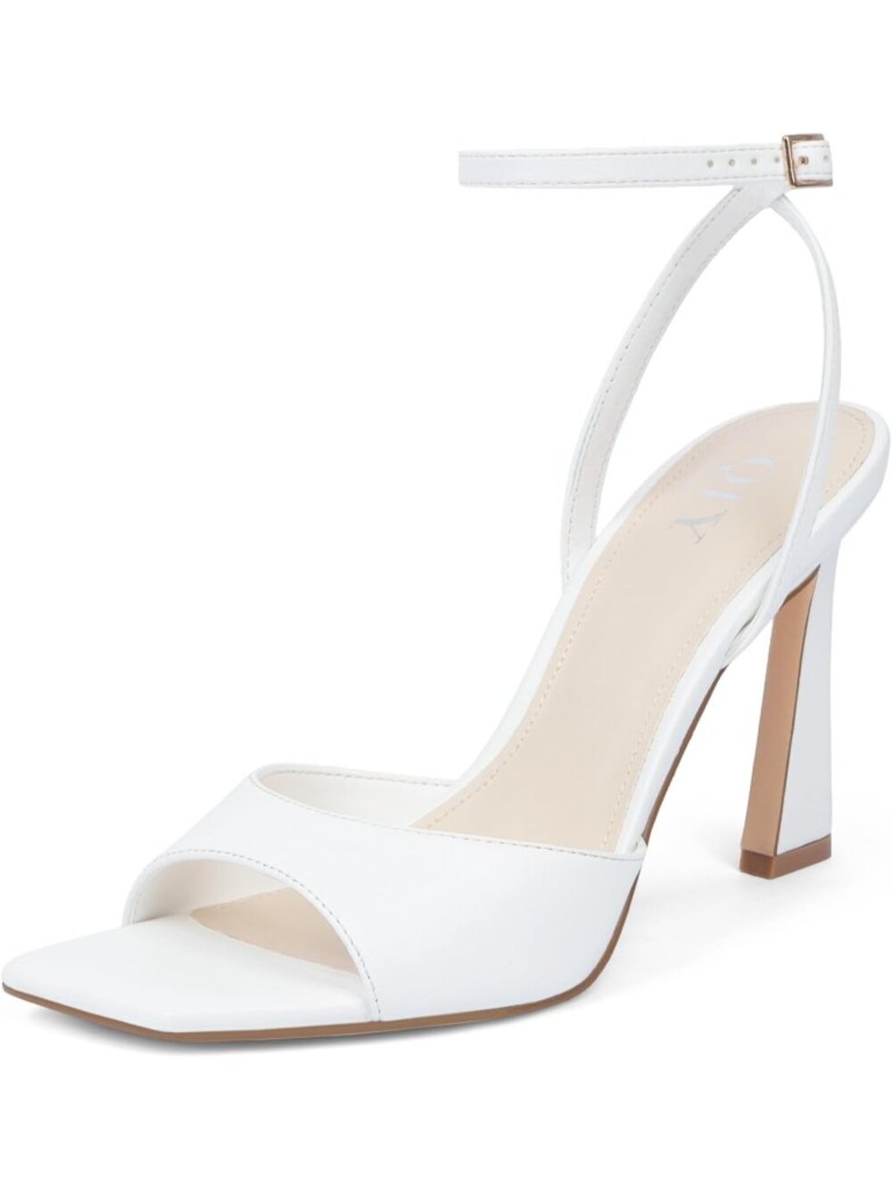 Women's White Simple Square Toe Ankle Strap Shoes Stiletto High Heels Sandals